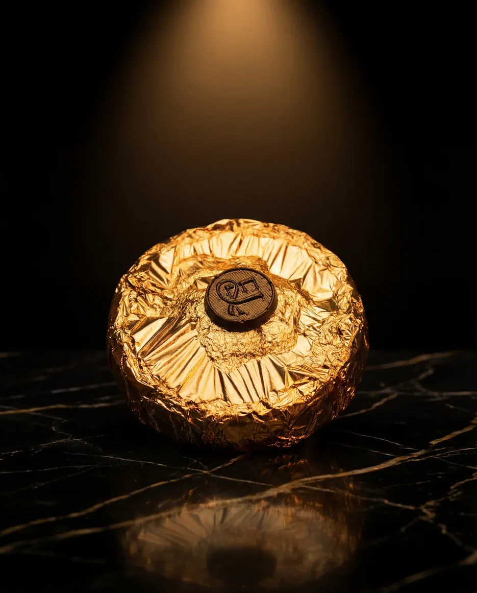 Single Emiré Lux 24K gold foil-wrapped cookie with the EL chocolate seal