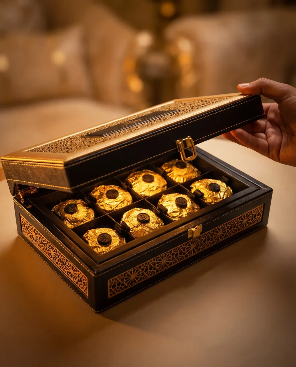 Hand opening an Emiré Lux gift box to reveal gold foil-wrapped 24K gold cookies