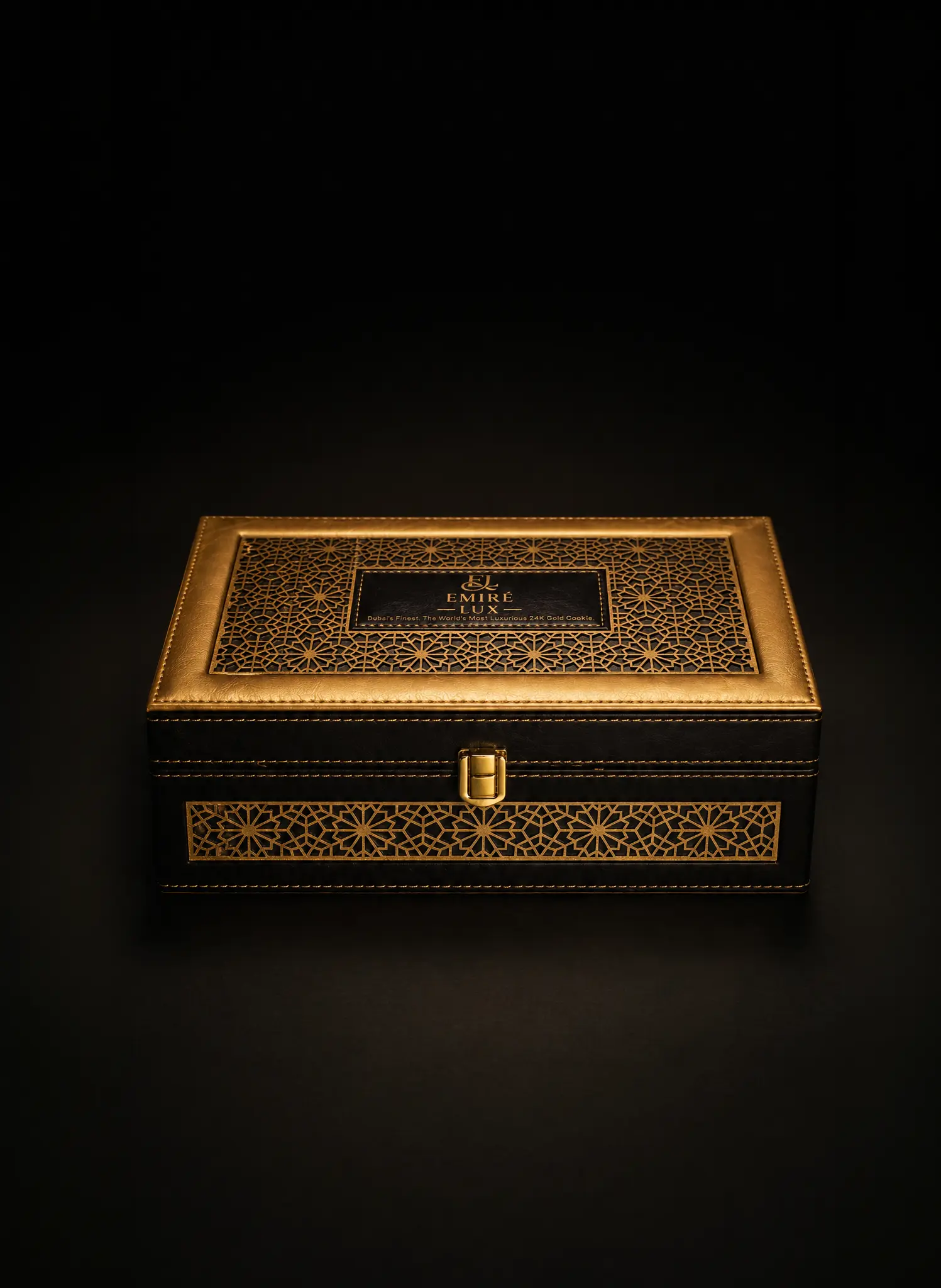 Emiré Lux matte black leather gift box with 24K gold Islamic lattice lid, closed