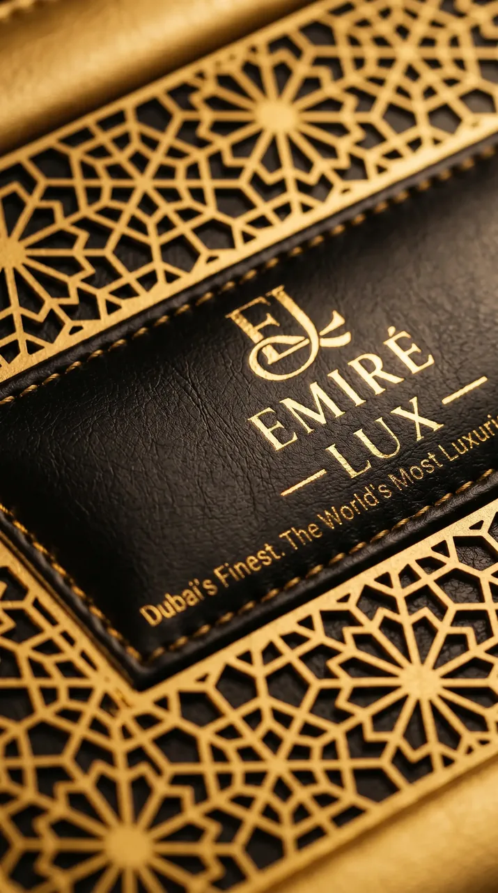 Close-up of Emiré Lux gold laser-cut Islamic lattice and embossed leather crest