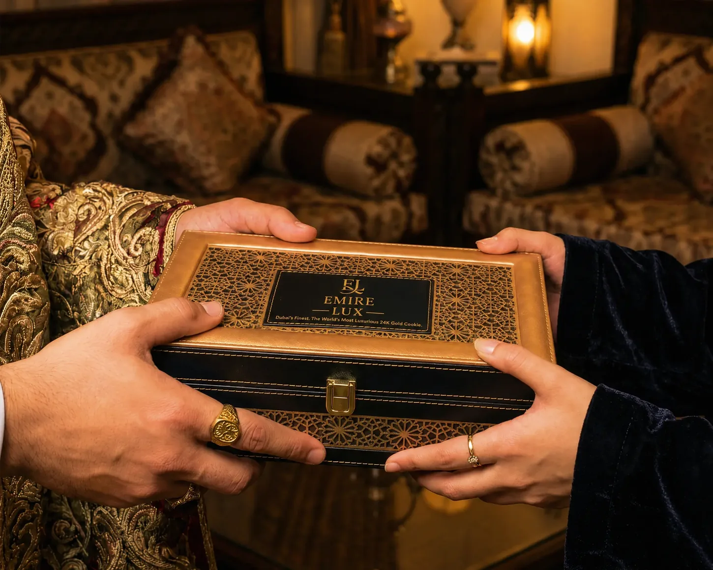 Emiré Lux luxury gift box being handed as a gift in a Dubai majlis